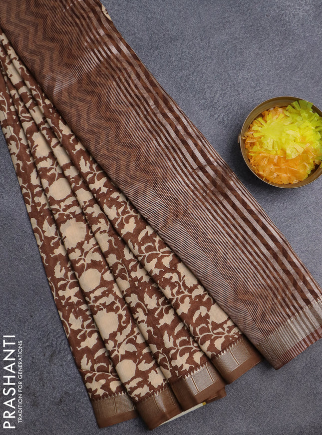 Semi chanderi saree brown and sandal with allover prints and zari woven border