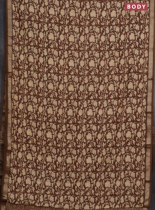 Semi chanderi saree brown and sandal with allover prints and zari woven border
