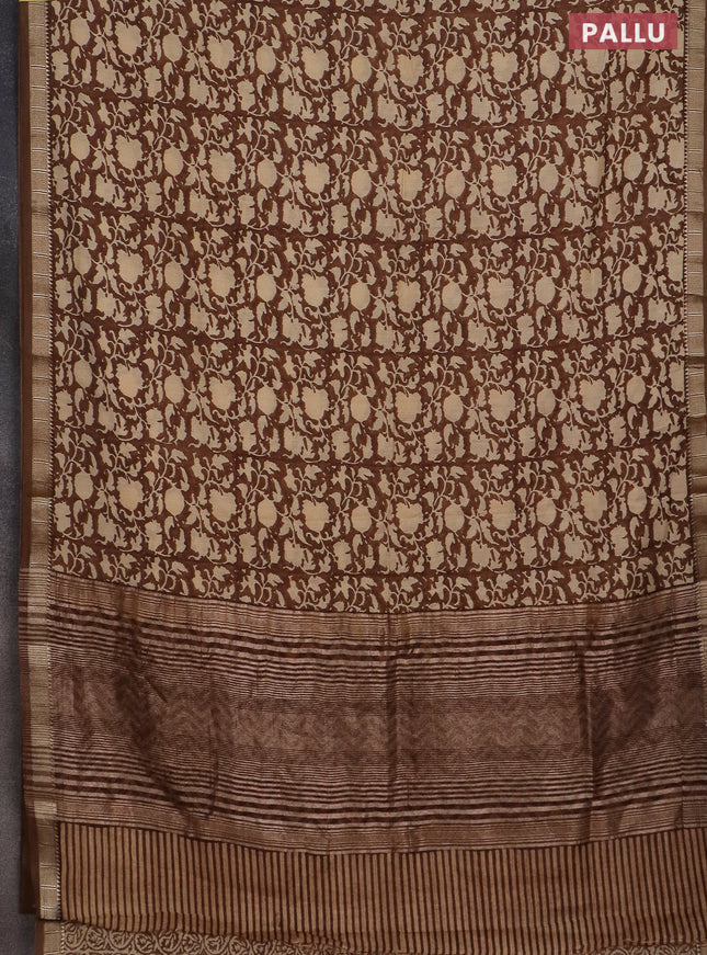 Semi chanderi saree brown and sandal with allover prints and zari woven border