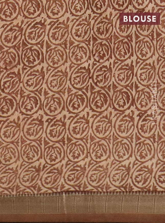 Semi chanderi saree brown and sandal with allover prints and zari woven border