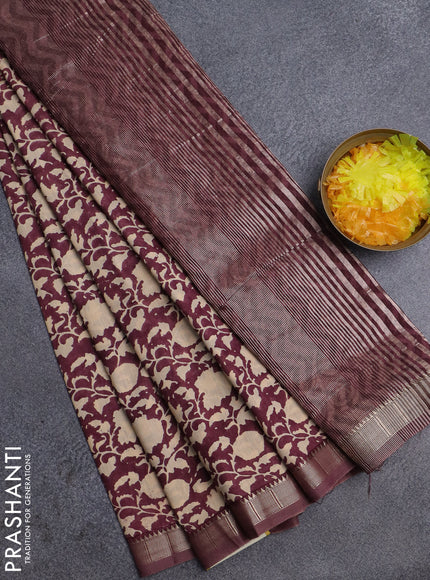 Semi chanderi saree wine shade and sandal with allover prints and zari woven border