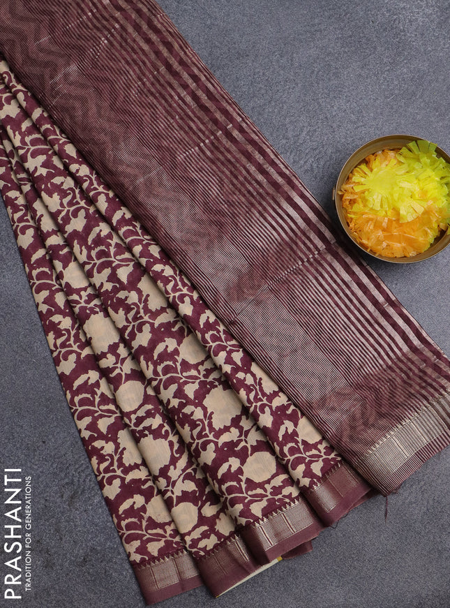 Semi chanderi saree wine shade and sandal with allover prints and zari woven border