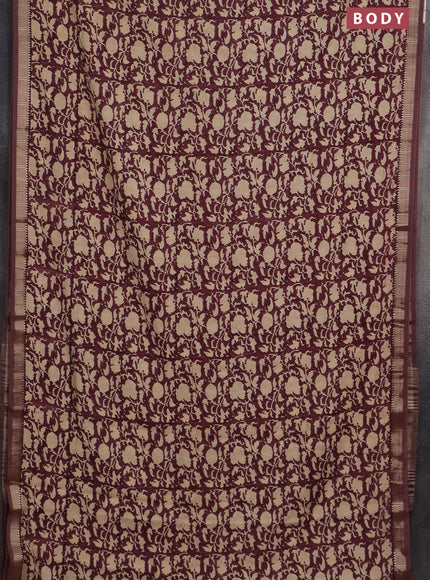 Semi chanderi saree wine shade and sandal with allover prints and zari woven border