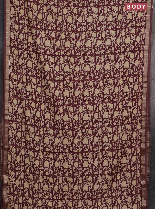 Semi chanderi saree wine shade and sandal with allover prints and zari woven border