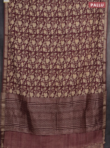 Semi chanderi saree wine shade and sandal with allover prints and zari woven border