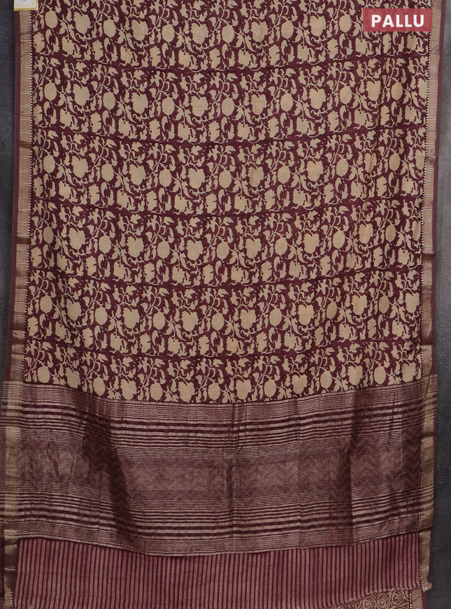 Semi chanderi saree wine shade and sandal with allover prints and zari woven border