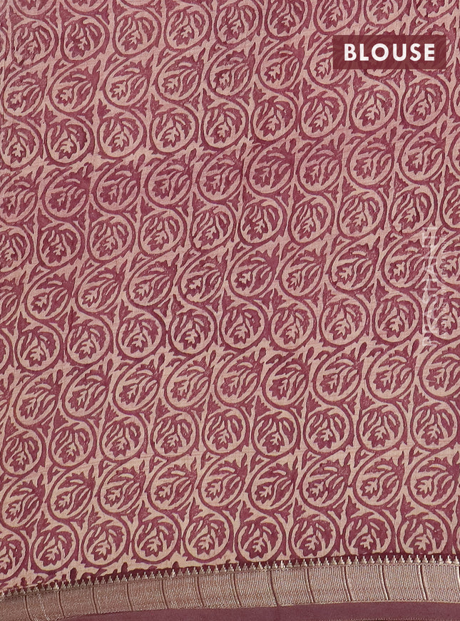 Semi chanderi saree wine shade and sandal with allover prints and zari woven border
