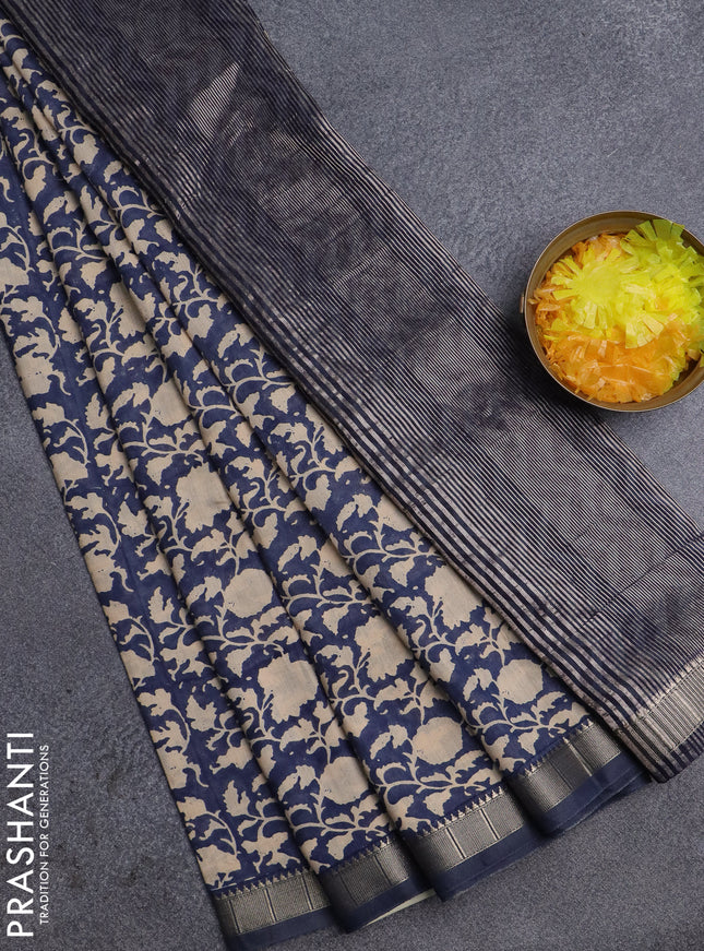 Semi chanderi saree blue and sandal with allover prints and zari woven border