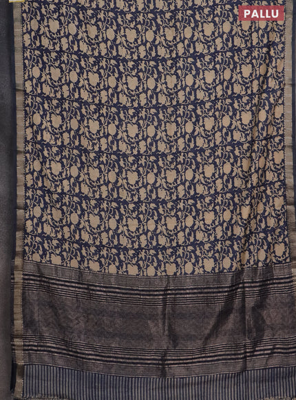 Semi chanderi saree blue and sandal with allover prints and zari woven border