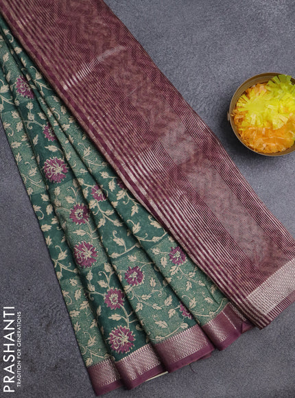 Semi chanderi saree green shade and purple shade with allover floral prints and zari woven border