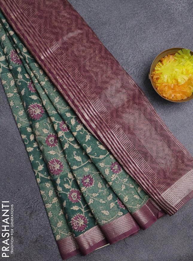 Semi chanderi saree green shade and purple shade with allover floral prints and zari woven border