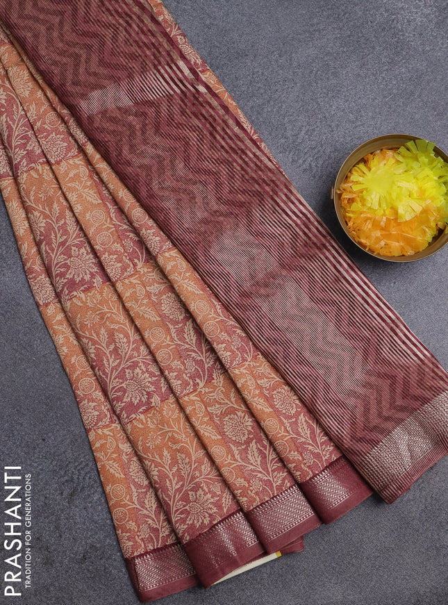 Semi chanderi saree pale orange and maroon with allover kalamkari prints and zari woven border