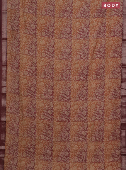 Semi chanderi saree pale orange and maroon with allover kalamkari prints and zari woven border