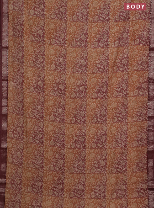 Semi chanderi saree pale orange and maroon with allover kalamkari prints and zari woven border