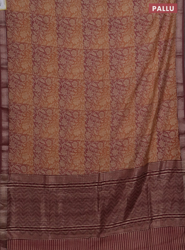 Semi chanderi saree pale orange and maroon with allover kalamkari prints and zari woven border