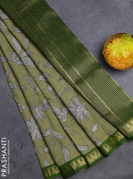 Semi chanderi saree pastel green with kalamkari prints and zari woven border
