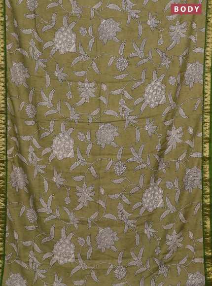 Semi chanderi saree pastel green with kalamkari prints and zari woven border