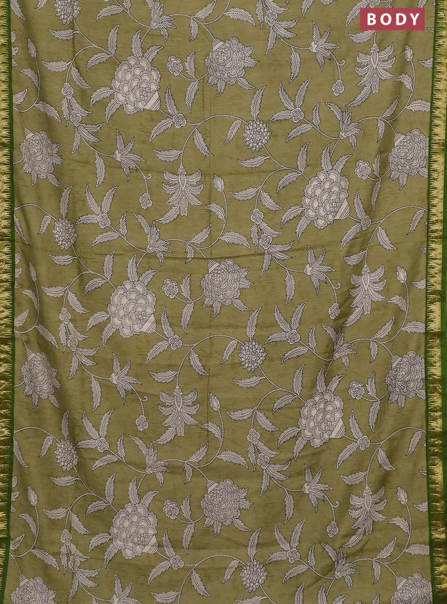 Semi chanderi saree pastel green with kalamkari prints and zari woven border