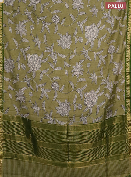 Semi chanderi saree pastel green with kalamkari prints and zari woven border