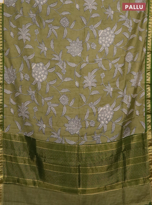 Semi chanderi saree pastel green with kalamkari prints and zari woven border