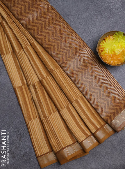 Semi chanderi saree yellow shade and dark mustard with allover stripe pattern and zari woven border