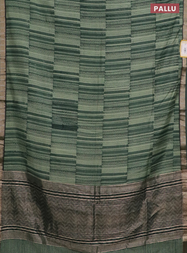 Semi chanderi saree green shade and green with allover stripe pattern and zari woven border