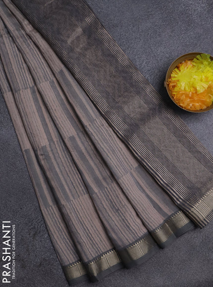 Semi chanderi saree beige and grey with allover stripe pattern and zari woven border