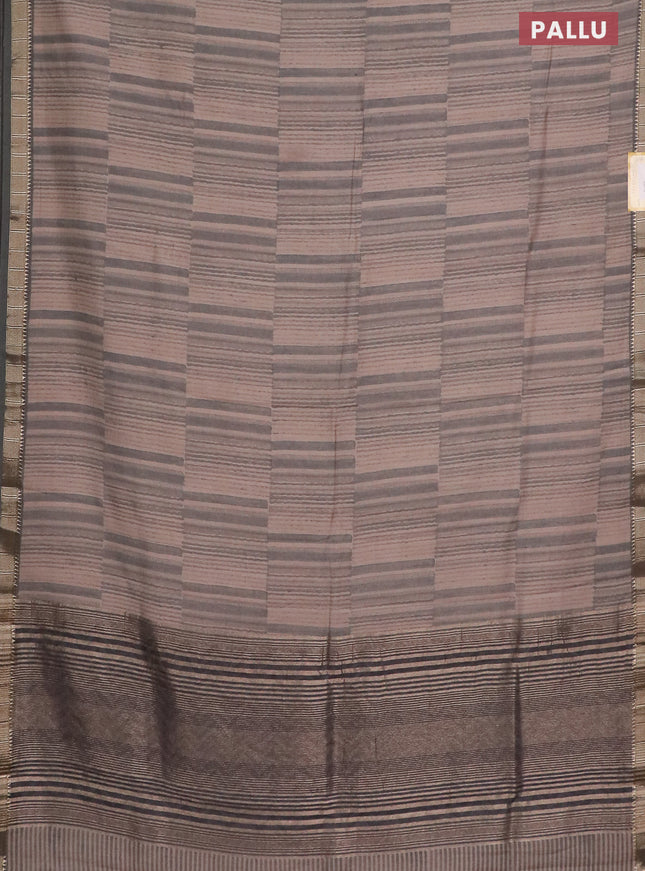 Semi chanderi saree beige and grey with allover stripe pattern and zari woven border
