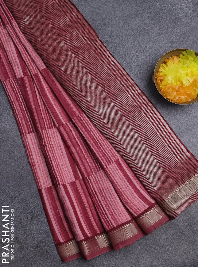 Semi chanderi saree peach pink and maroon with allover stripe pattern and zari woven border