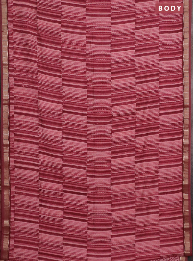 Semi chanderi saree peach pink and maroon with allover stripe pattern and zari woven border