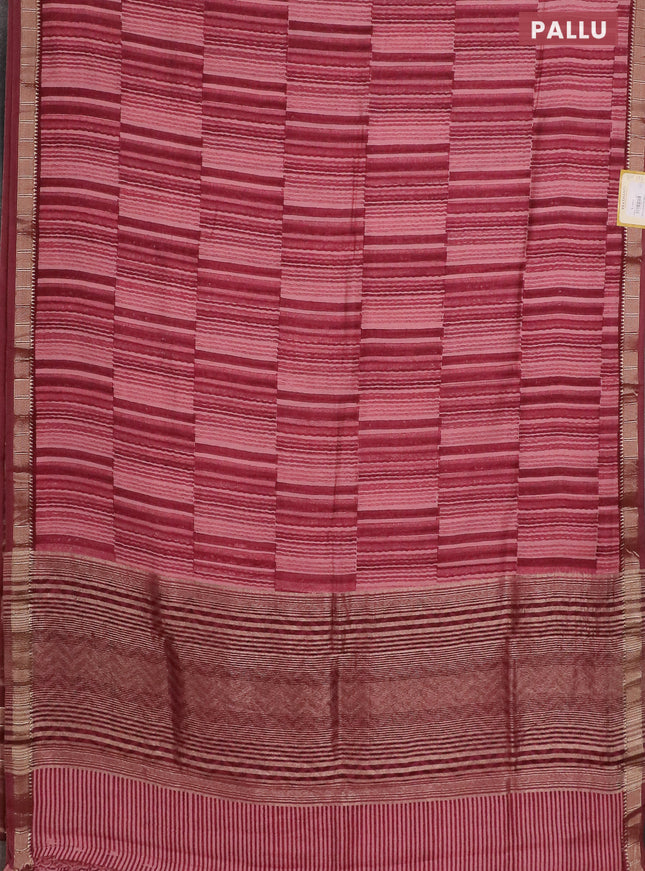 Semi chanderi saree peach pink and maroon with allover stripe pattern and zari woven border