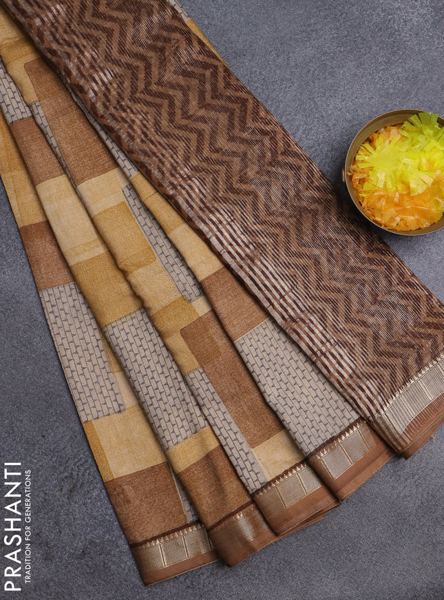 Semi chanderi saree sandal with geometric prints and zari woven border