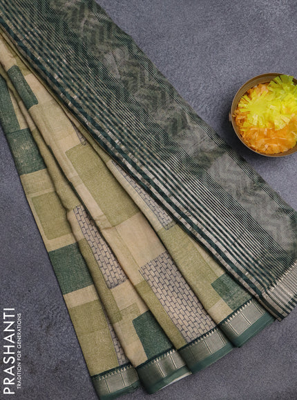 Semi chanderi saree sandal and sap green with geometric prints and zari woven border