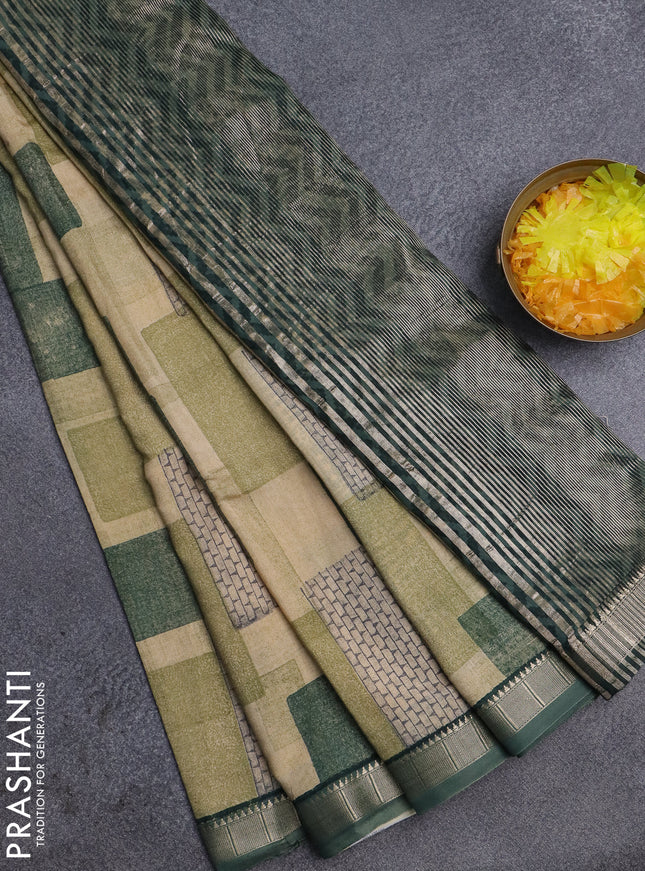 Semi chanderi saree sandal and sap green with geometric prints and zari woven border
