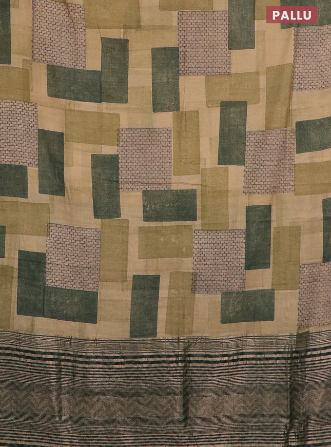 Semi chanderi saree sandal and sap green with geometric prints and zari woven border