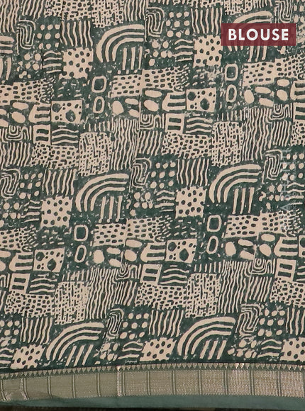 Semi chanderi saree sandal and sap green with geometric prints and zari woven border