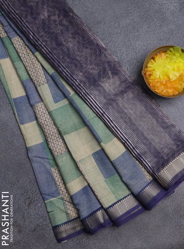 Semi chanderi saree multi colour and blue with geometric prints and zari woven border