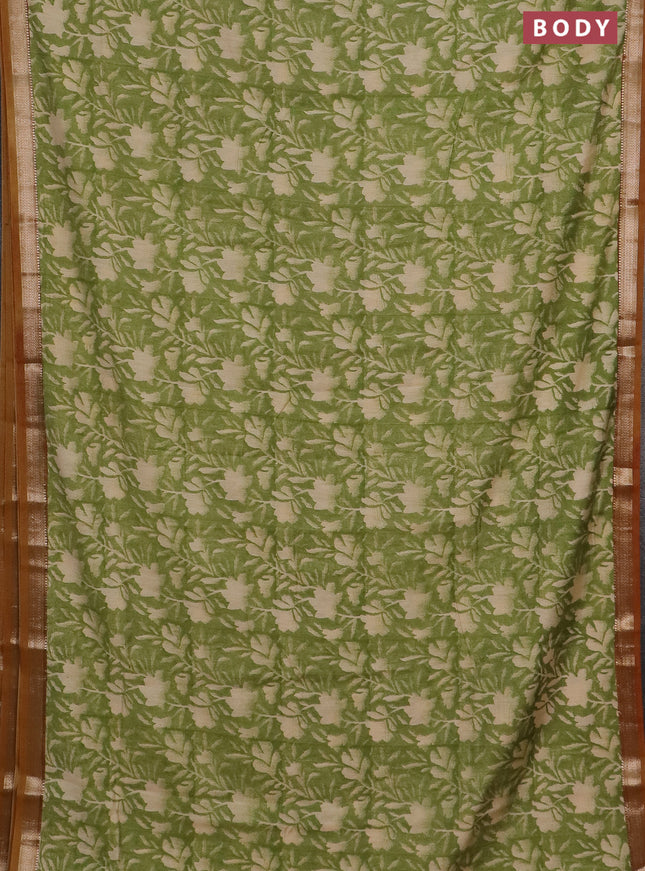 Semi chanderi saree light green and mustard shade with floral prints and zari woven border