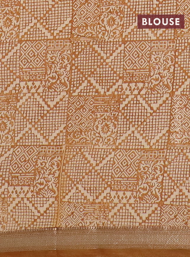 Semi chanderi saree light green and mustard shade with floral prints and zari woven border