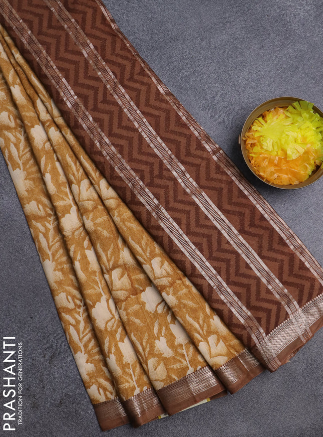 Semi chanderi saree mustard shade with floral prints and zari woven border