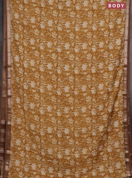 Semi chanderi saree mustard shade with floral prints and zari woven border