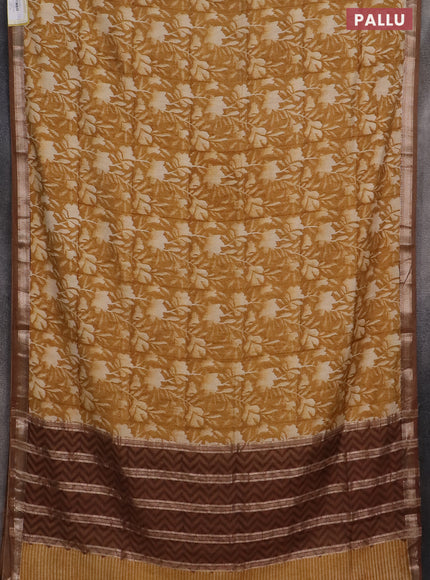 Semi chanderi saree mustard shade with floral prints and zari woven border