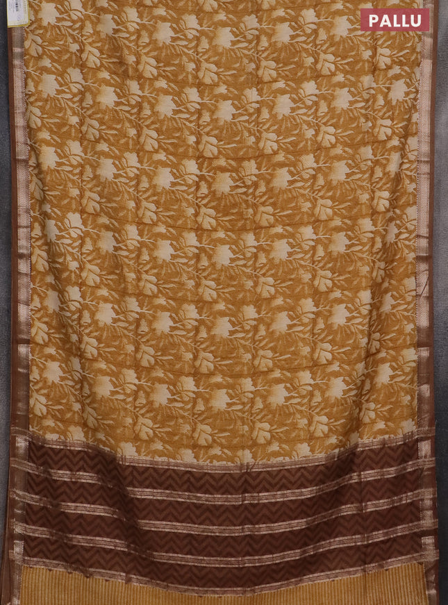 Semi chanderi saree mustard shade with floral prints and zari woven border