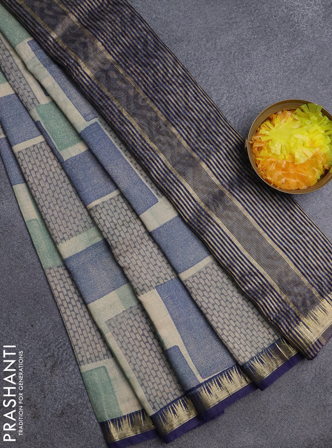 Semi chanderi saree pastel green and blue with geometric prints and zari woven border