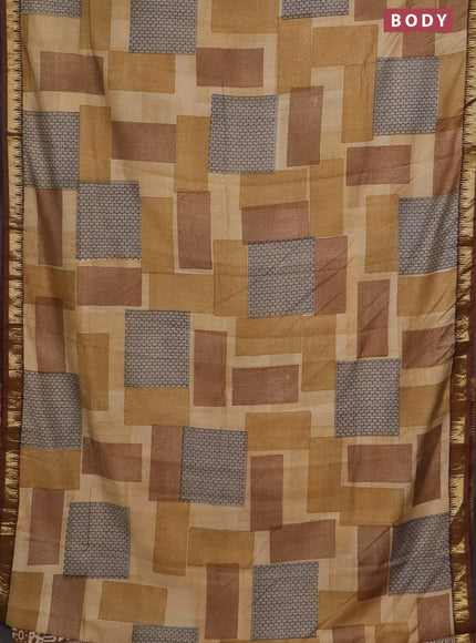 Semi chanderi saree sandal and maroon shade with geometric prints and zari woven border