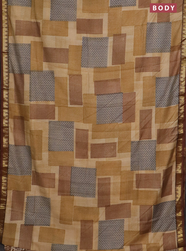 Semi chanderi saree sandal and maroon shade with geometric prints and zari woven border