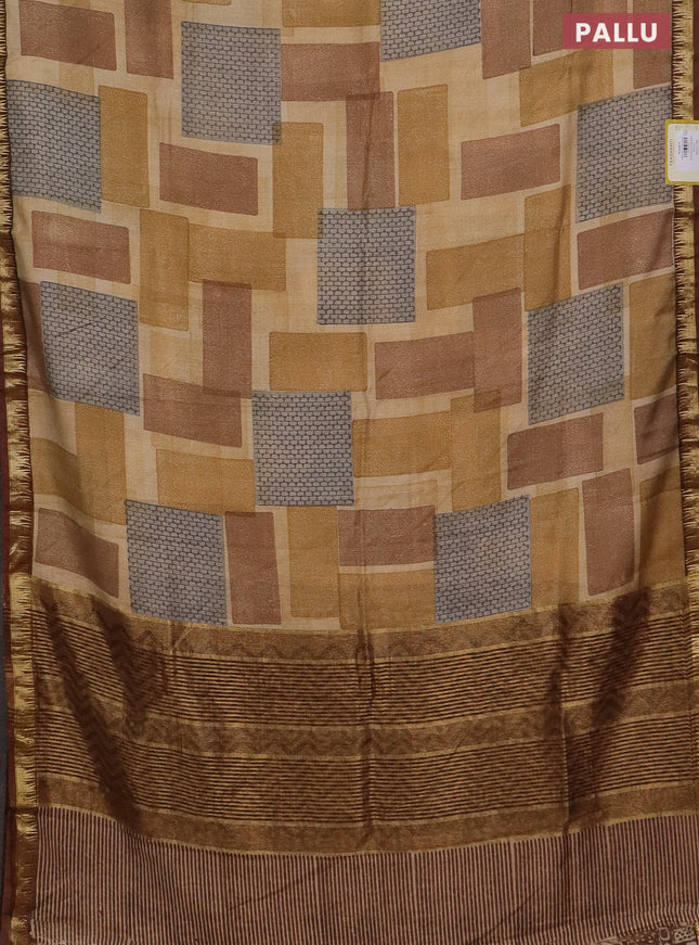 Semi chanderi saree sandal and maroon shade with geometric prints and zari woven border