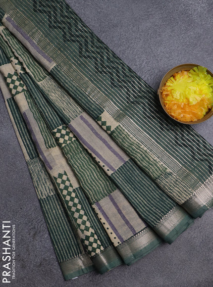 Semi chanderi saree green and beige with allover prints and zari woven border