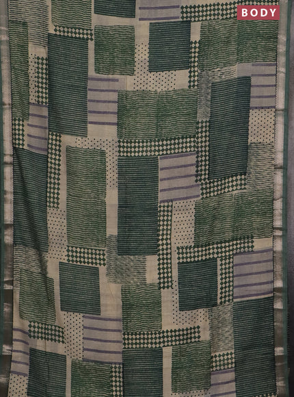 Semi chanderi saree green and beige with allover prints and zari woven border