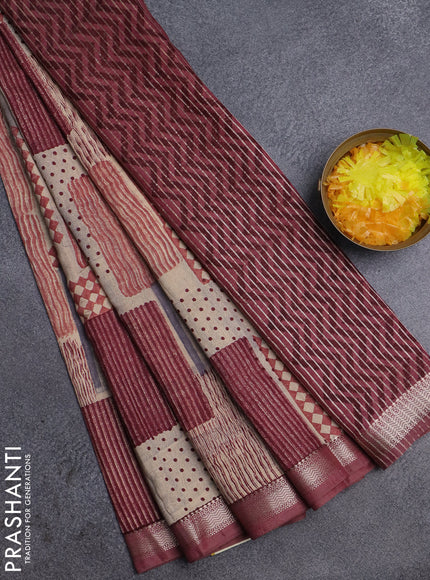 Semi chanderi saree beige and maroon with geometric prints and zari woven border